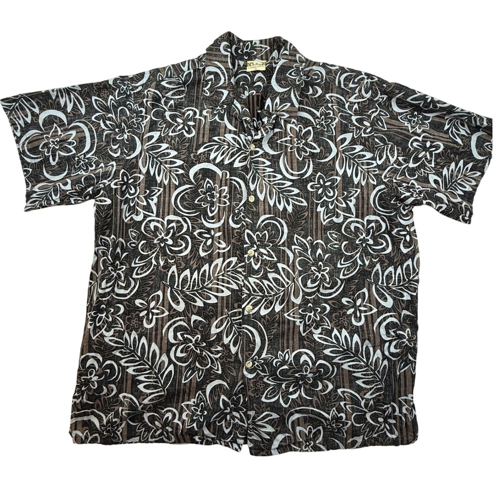 Go Barefoot Mens XL Hawaiian Shirt Brown Black Floral Hibiscus Button Down Aloha
